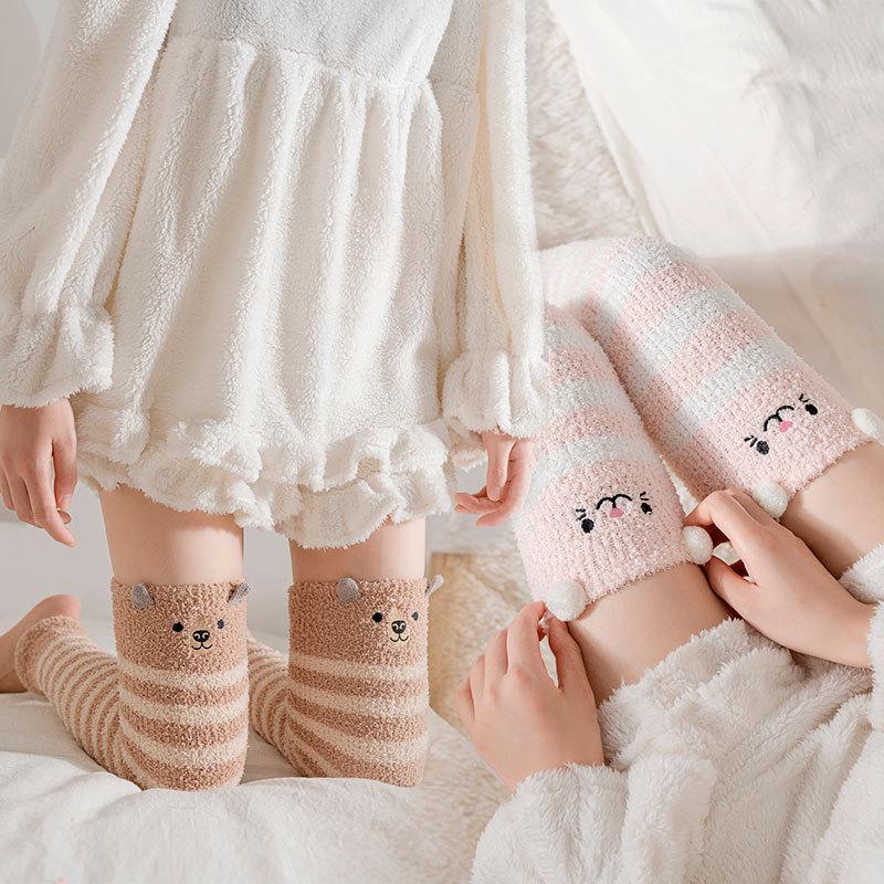 Thick Coral Fleece Knee-High Socks - Warm, No-Pill, Embroidered Cartoon Floor Socks