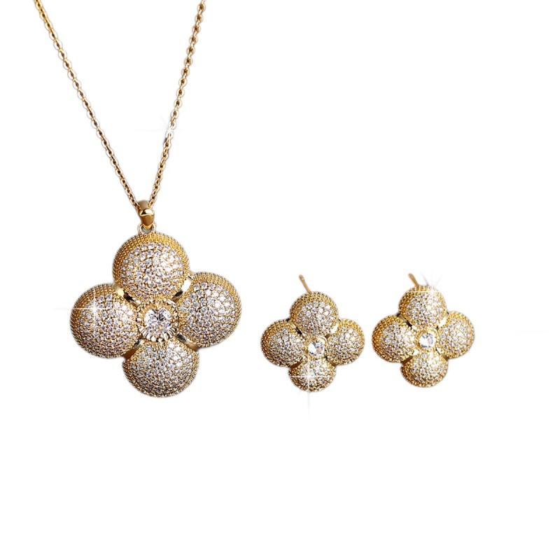 Elegant Four Leaf Clover Zircon Necklace Earring Set Women Gold Tone Fine Jewelry Wedding Bridal Accessory