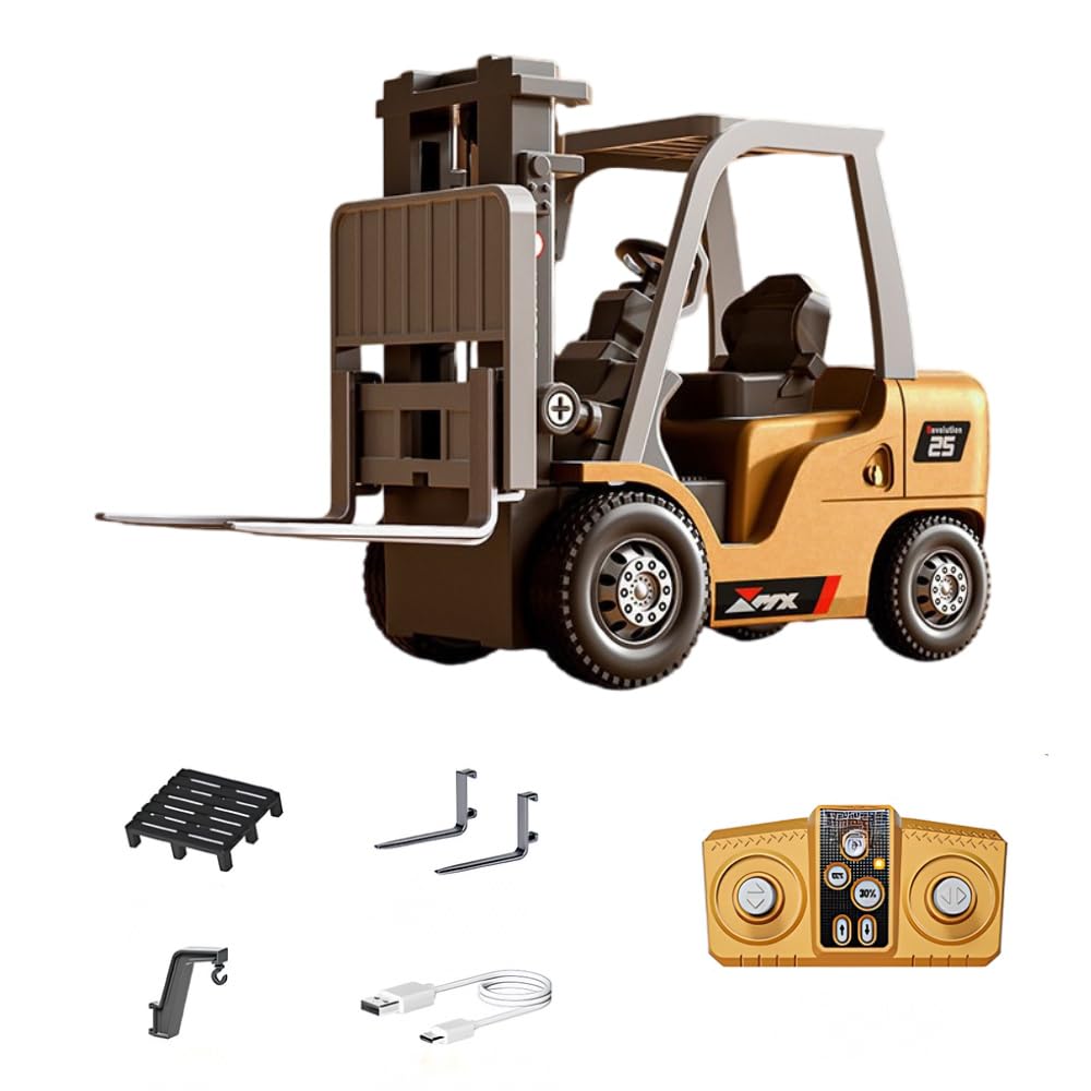 

1/64 Scale Mini RC Forklift, 2.4G 10KM/h Fully Proportional Mini RC Transport Vehicle with Controller, Cargo Hook, Forks, and Pallet