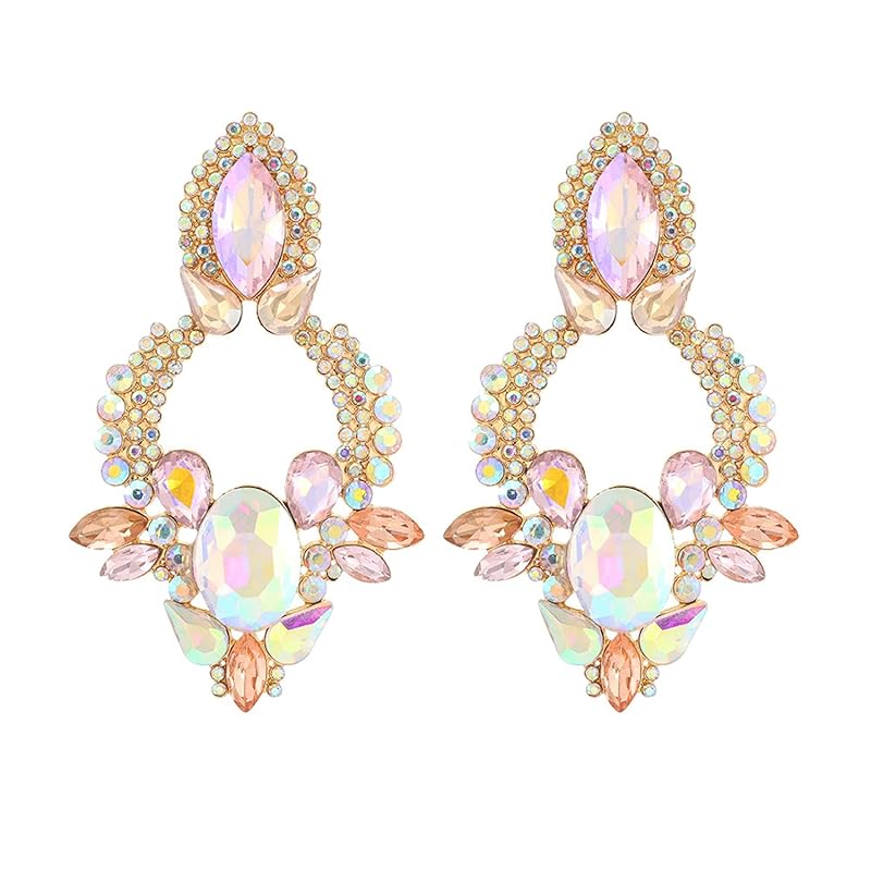 

ladies long Sparkling earrings leaf gold pink purple aurora stone bridal party dance to