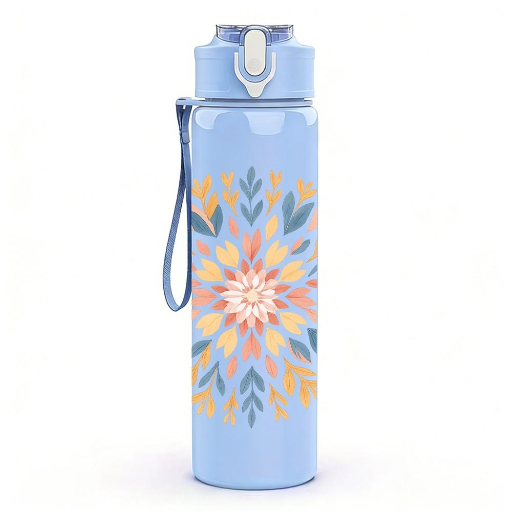 1PC Mandala Floral Circle Art 750ml Color Plastic Sports Water Bottle Leakproof Flip Straw Lid Suitable for Sports Office Home Use