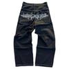 Mens Relaxed Straight Fit Denim Jeans With Gothic Hip Hop Embroidery Mid-Rise Slightly Stretchy Cotton Blend