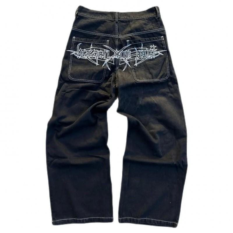Mens Relaxed Straight Fit Denim Jeans With Gothic Hip Hop Embroidery Mid-Rise Slightly Stretchy Cotton Blend