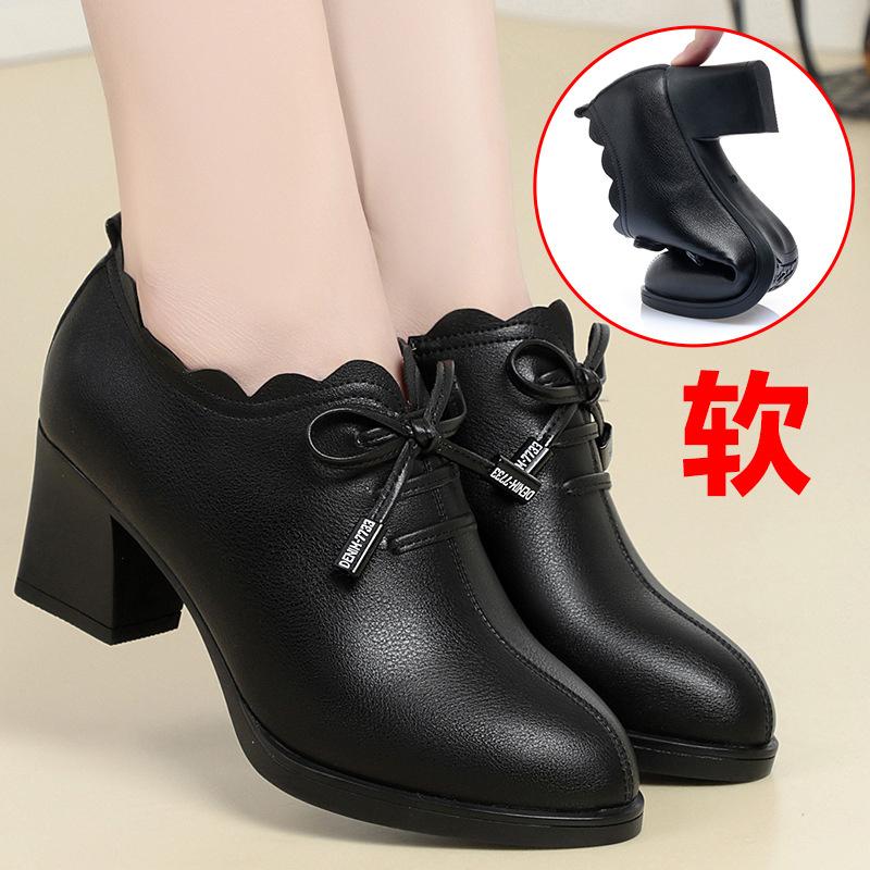 New Fashion Lace Platform Pumps Casual Wedge Waterproof Pointed Toe Soft Leather Shoes for Women Spring Autumn