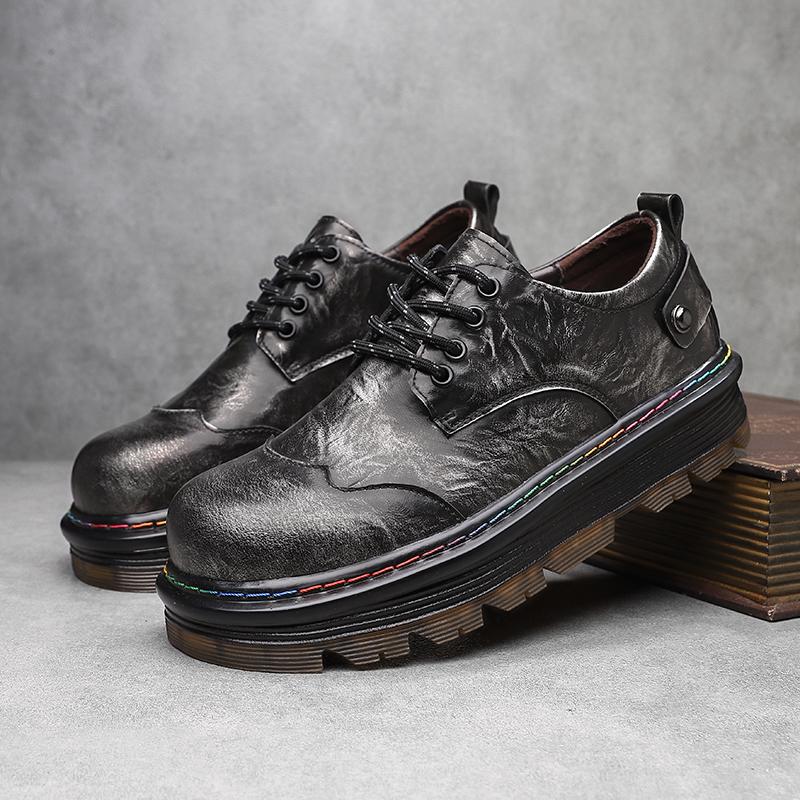 Large Size Round Toe Leather Shoes Men's Thick Soled Fashionable Low Top Casual Shoes