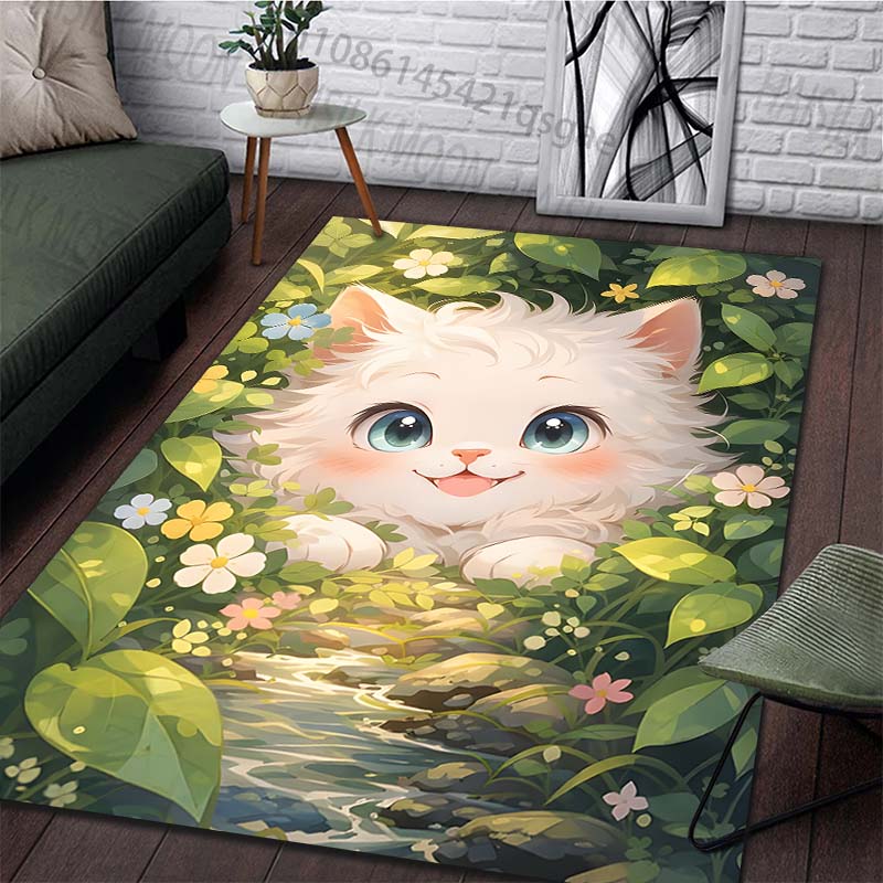 Mehrere Größen Niedliches Kätzchen in Blumen Teppich für Wohnzimmer Schlafzimmer Sofa Heimdekoration Rus Rutschfeste Bodenmatte Luxuriöses Geschenk