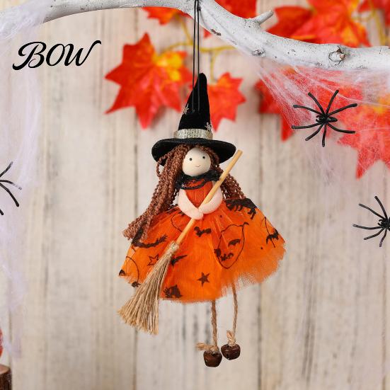 Halloween Spooky Decor Witch Doll with Broom, Small Hanging Figurine Themed Gauze Skirt for Haunted House, Door Window Party Decoration