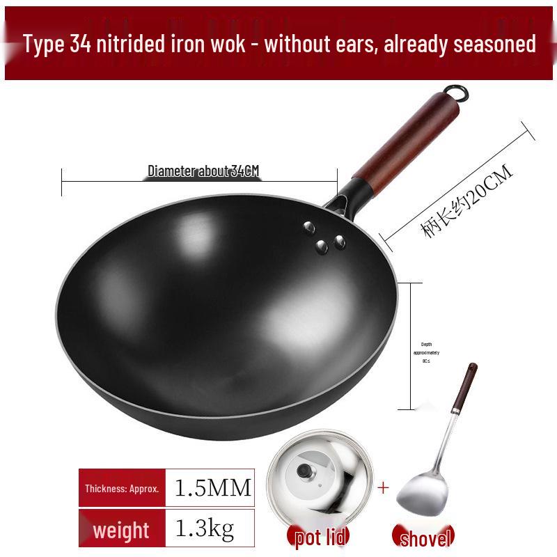 Nitrided Iron Non-Stick Rust-Proof Wok - Forged, No Coating, Round Bottom.