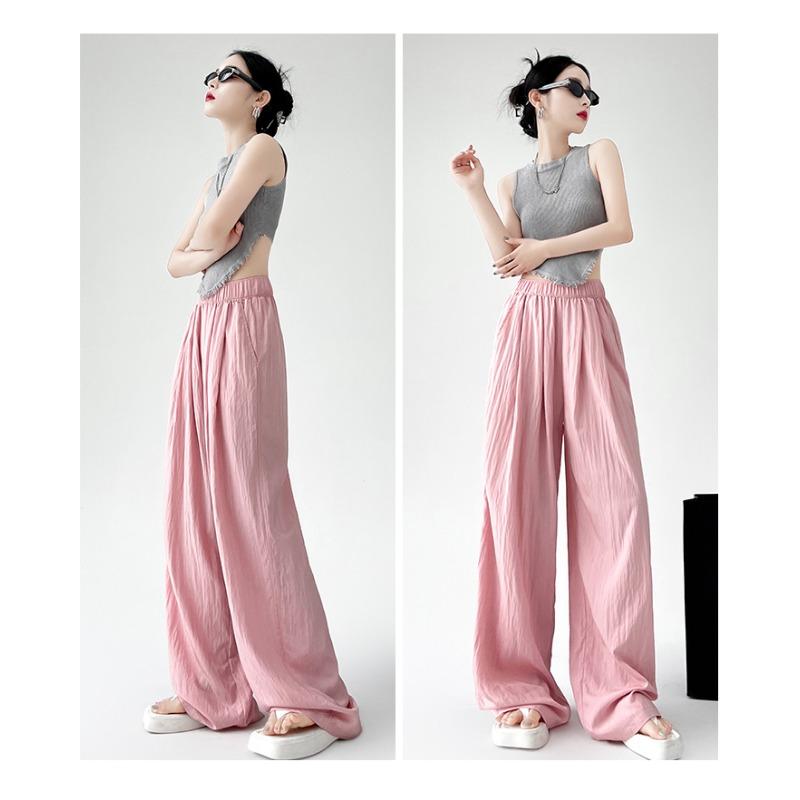 Spring Autumn Women Loose Wide Leg Pants New Thin Elastic High Waist Casual Drape Casual Long Pants Solid Color Fashion Elegant Simple Trousers 2396