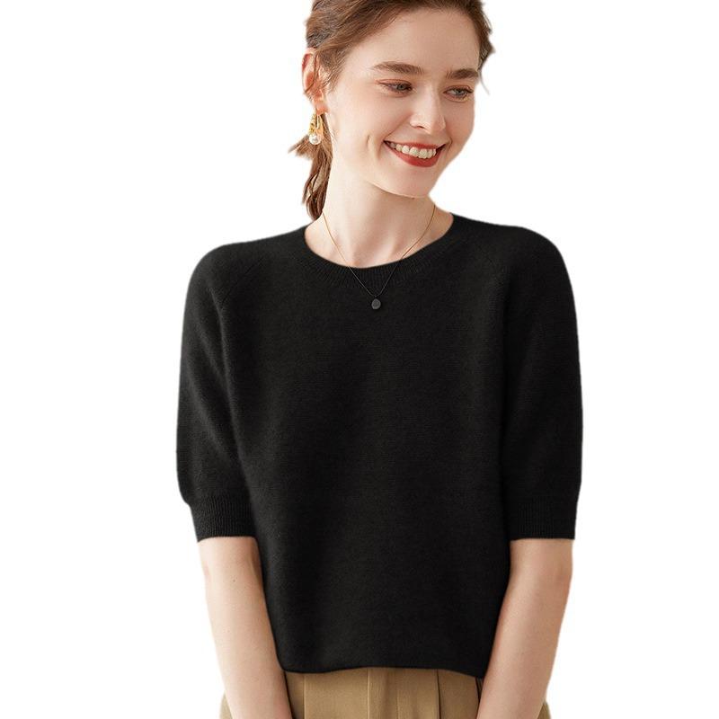 2025 Women's Early Autumn Cashmere Knit Short Sleeve Pullover - Versatile, Stylish Solid Color Sweater