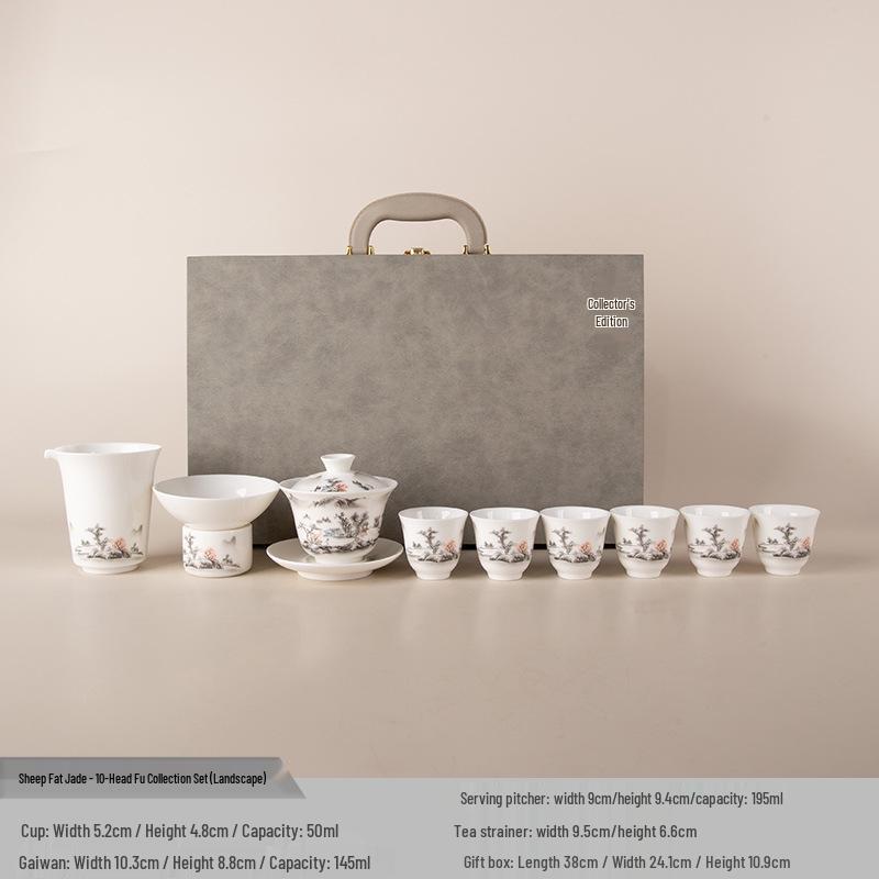 Lamb Fat Jade Landscape Tea Set: Silver Inlay Gongfu Ceramic Bowl, Teacup, Public Cup.