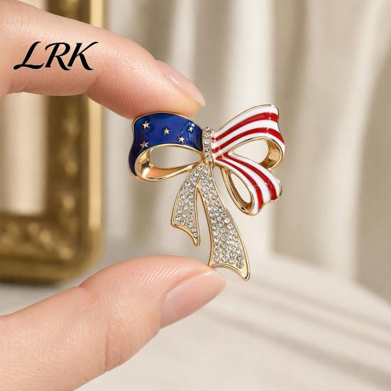 Decorative Patriotic Pin Independence Day Bow Brooch Pin, Rhinestone Lapel Sweater Long-lasting Alloy Cardigan Coat Suit Jewelry Accessory,