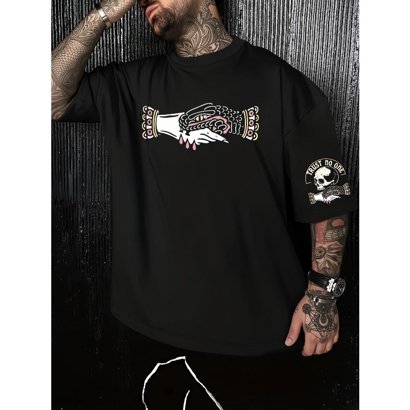 European Size Skull Hand Print T-Shirt - TRUST NO ONE Letter Short Sleeve Loose Fit Men's Streetwear