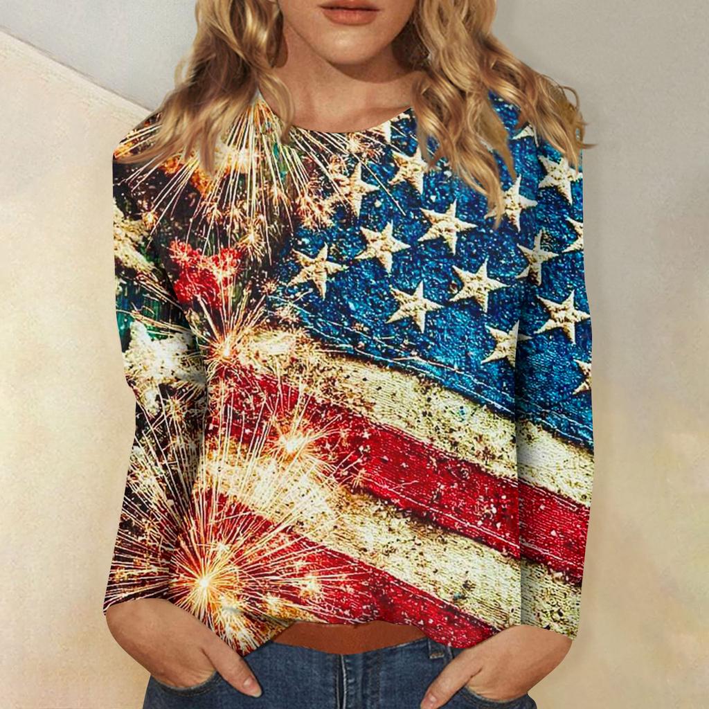 Womens Spring Tops Long Sleeve Patchwork Star Print Casual Crewneck Summer Shirts for Women Comfortable Fit