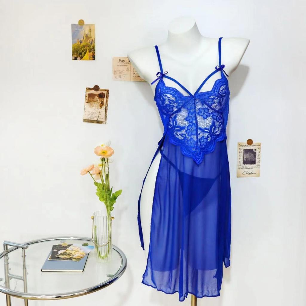 Sexy Mesh See-through Pajamas Lace Embroidered Suspender Nightdress Open-ended Milk Dress