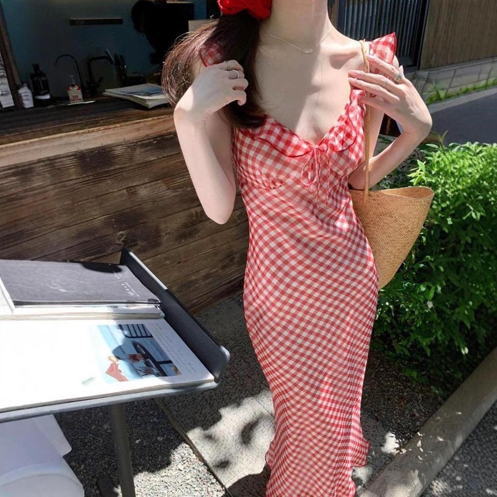 Women's Red Plaid Fishtail Spaghetti Strap Dress - 2025 Spring/Summer French Seaside Vacation Collection