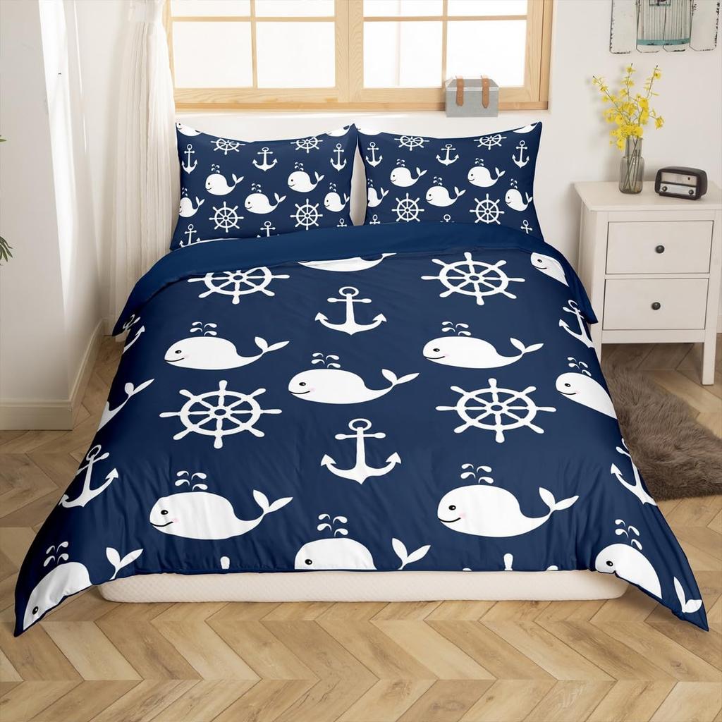 whale and Anchor duvet cover set for teens kids boys queen Lightweight Bedspread Cover bedroom Decor Navy Blue Ocean Bedding Set
