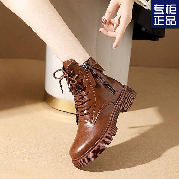 Retro autumn and winter boots women's double zipper soft-soled soft-faced leather shoes Martin boots British versatile brown low-top short boots