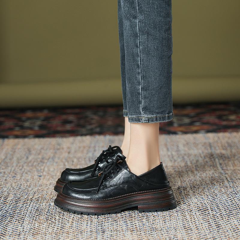 British style platform lace-up loafers for women's spring and summer new two-wear one-pedal round head thick heel black small leather shoes