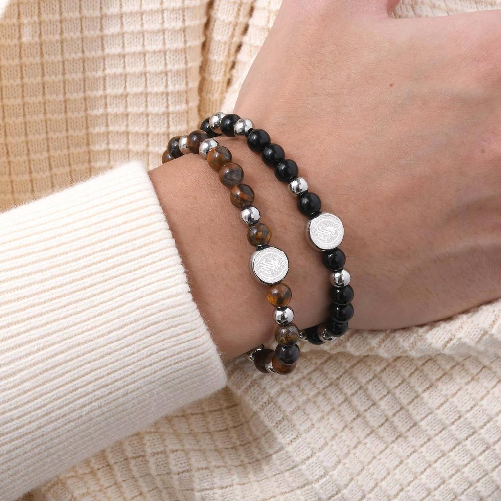 Benediktiner Perlenarmbänder für Männer Jungen, Verstellbares Edelstahl Armband mit runden Anhängern, Christlicher Religiöser Schmuck Geschenk