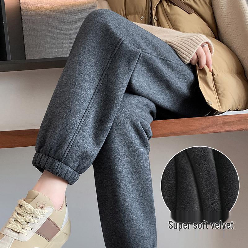 Women's High-Waist Fleece-Lined Cuffed Sweatpants - Thick Grey Joggers for Autumn/Winter 2024