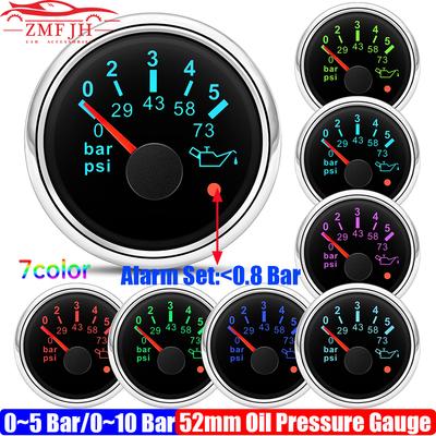 ZMFJH 7 Color LED Pointer 52MM Oil Pressure Gauge with Alarm 0-5Bar, 0-10Bar Oil Press Meter Indicator for Auto Car Boat Yacht
