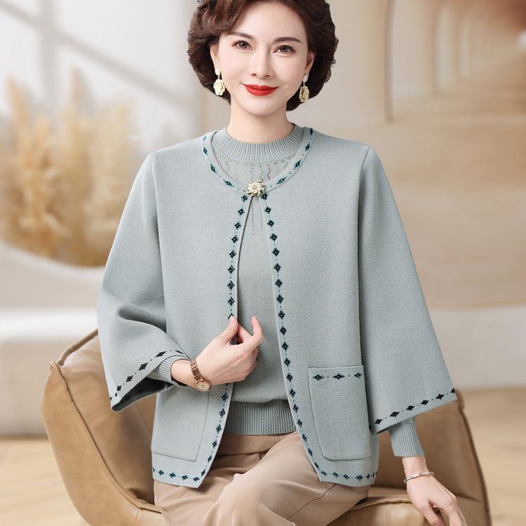 Autumn and Winter Sweater Fashion Cardigan Foreign Style Jacket New Chinese Mother Autumn Knitting Two-piece Set