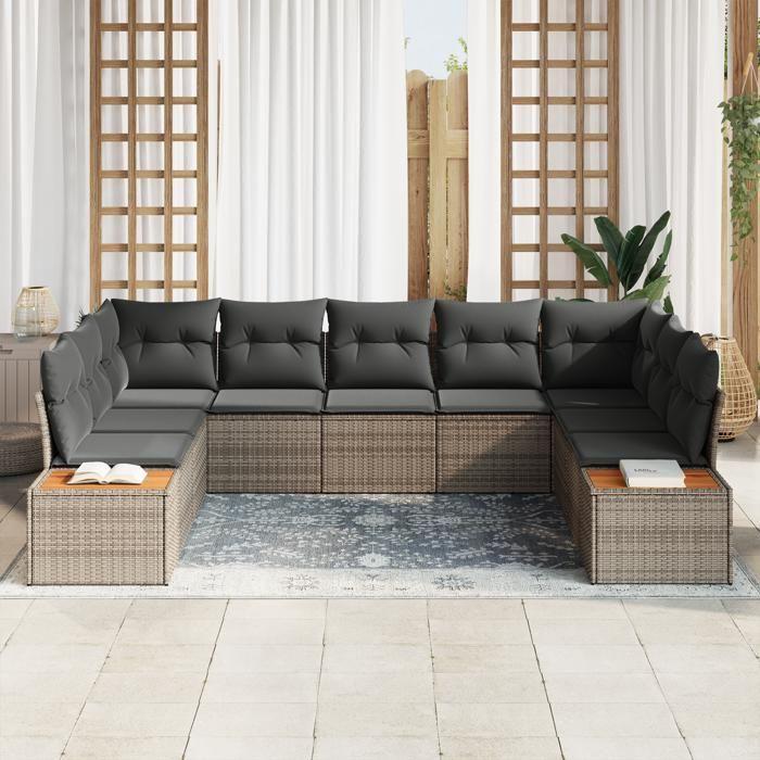 VidaXL Ensemble de canapé de jardin 9 pièces avec coussins gris en rotin 3348165