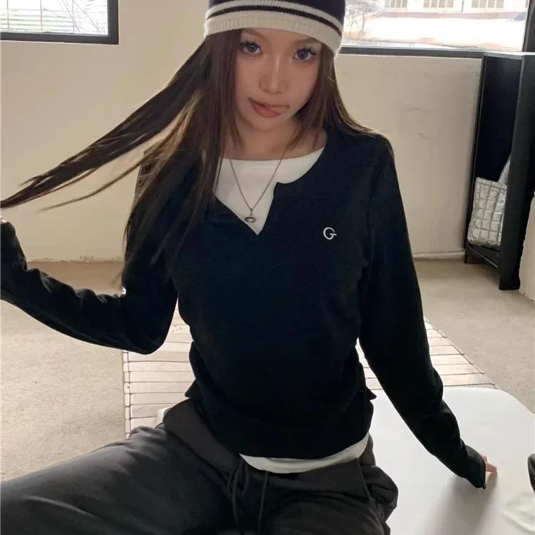 Long Sleeves Korean Fashion Style O-neck Tshirt for Women Fake Two Items T-shirts Ladies Top Tee Clothes