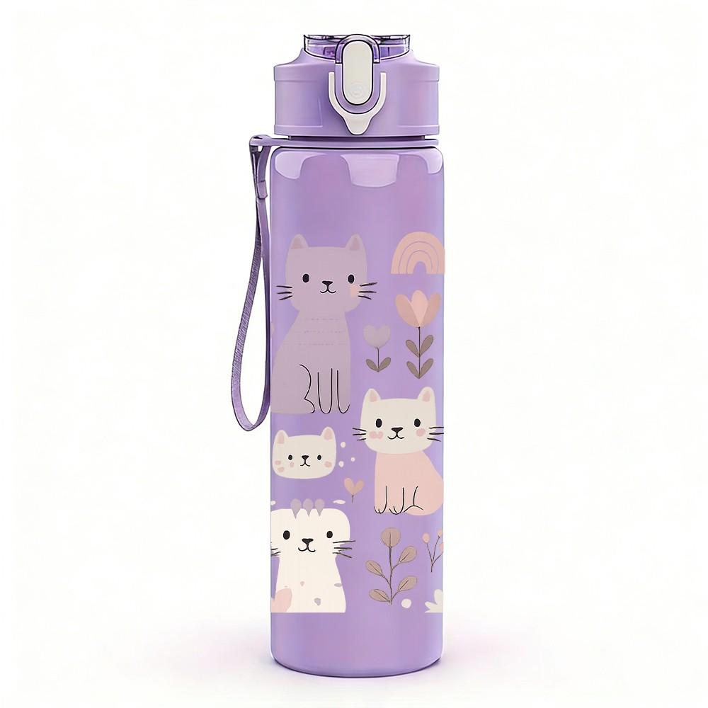 1PC Multiple Cute Cat Cartoon 750ml Color Plastic Sports Water Bottle Leakproof Flip Straw Lid Suitable for Sports Office Home Use