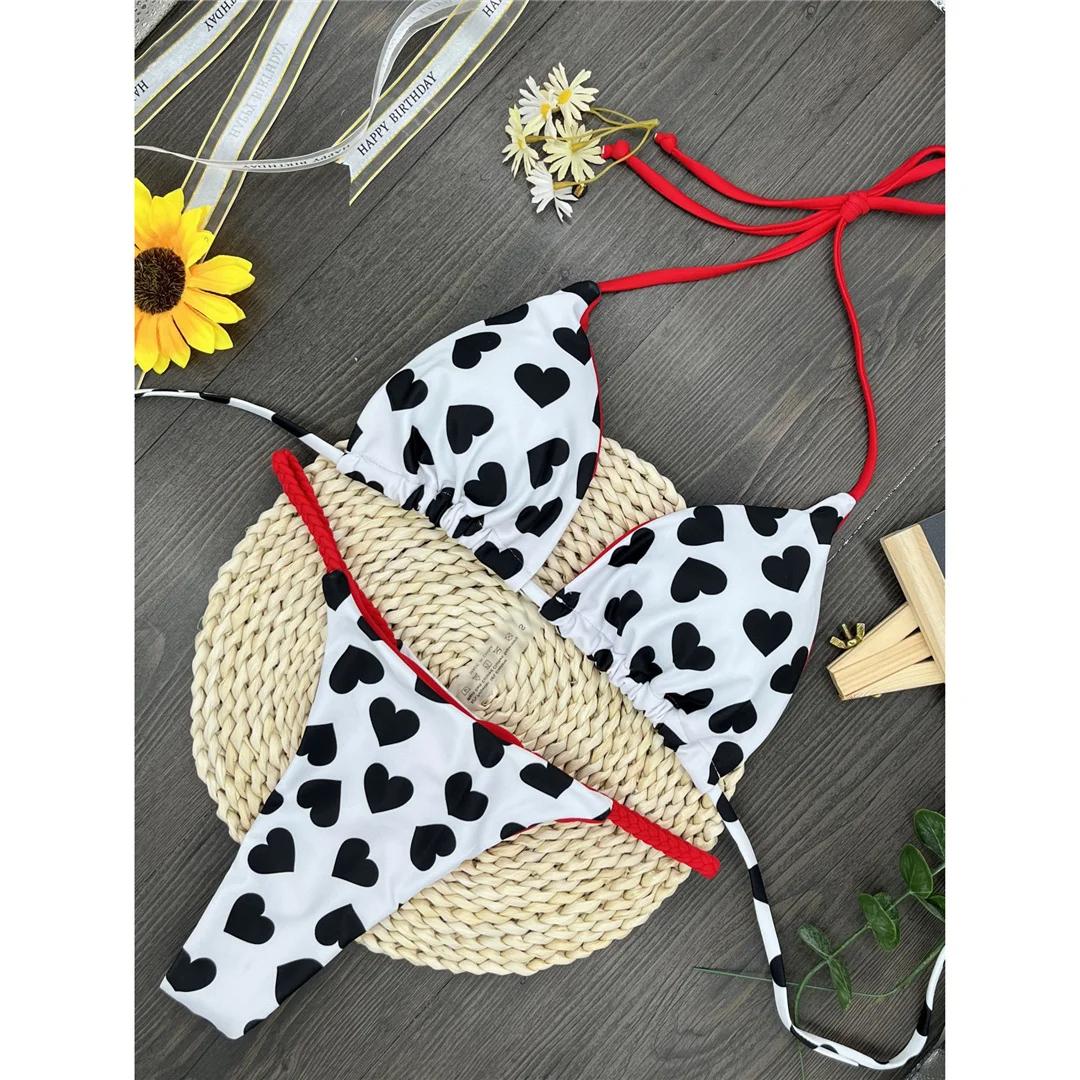 

Love Printed Extreme Mini Micro Thong Bikini Women Swimwear Female Swimsuit Two-pieces Bikini set Bather Bathing Suit Swim L білий/чорний