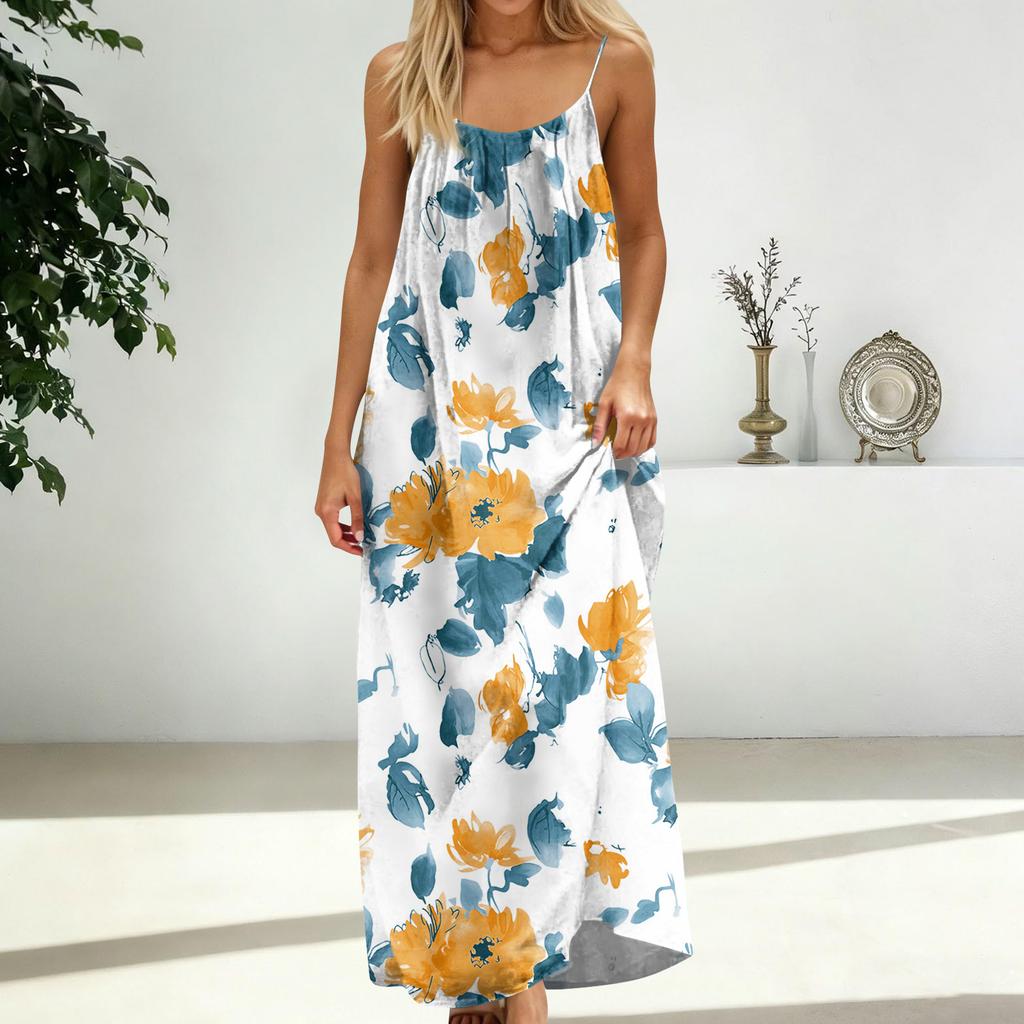 Damenmode Rückenfreies Spaghettiträger Lässiges Lockeres Blumenprint Kleid
