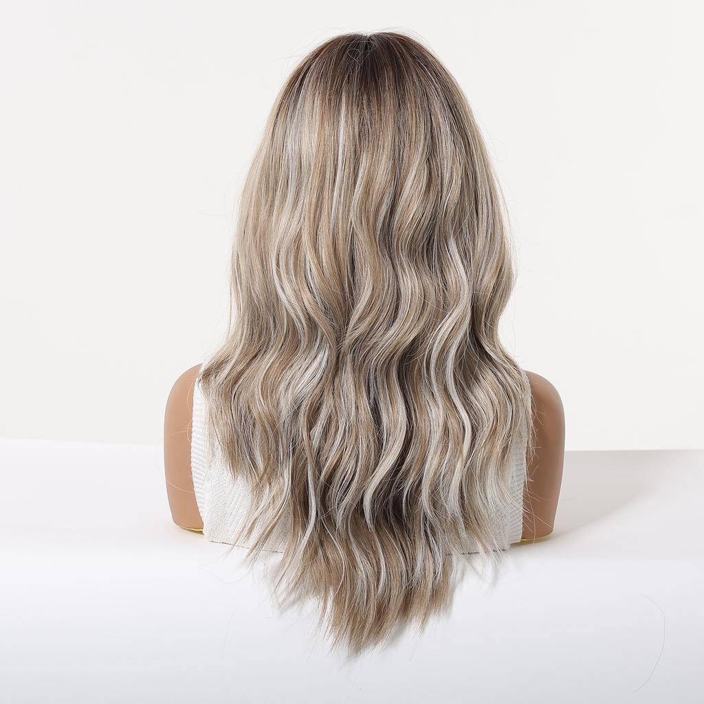 Women Long Wave Layered Brown Hair with Bangs Synthetic Mixed Blond Wigs for Daily Cosplay Heat Resistant Fibre