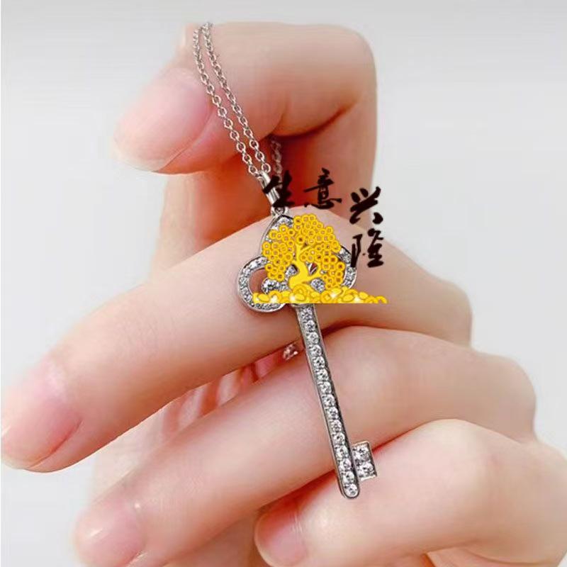 T Brand 18K Rose Gold Inlaid Diamond Key Pendant Necklace for Women