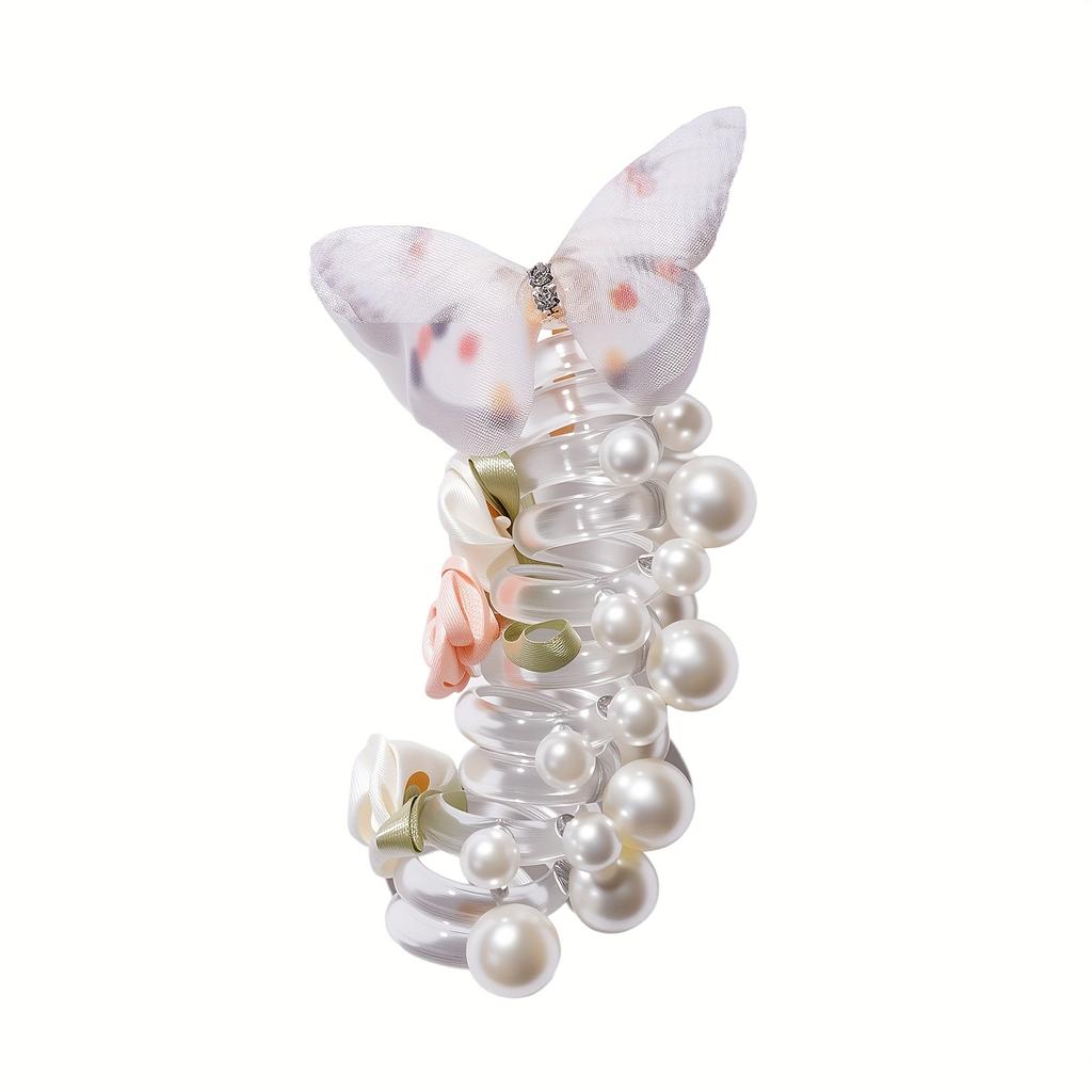 Vintage Schmetterling Telefonkabel Haargummis für Damen - Hohe Elastizität, Knitterfreie Spiral-Pferdeschwanzhalter mit Blumen & Perlen, Schmetterling Haargummi