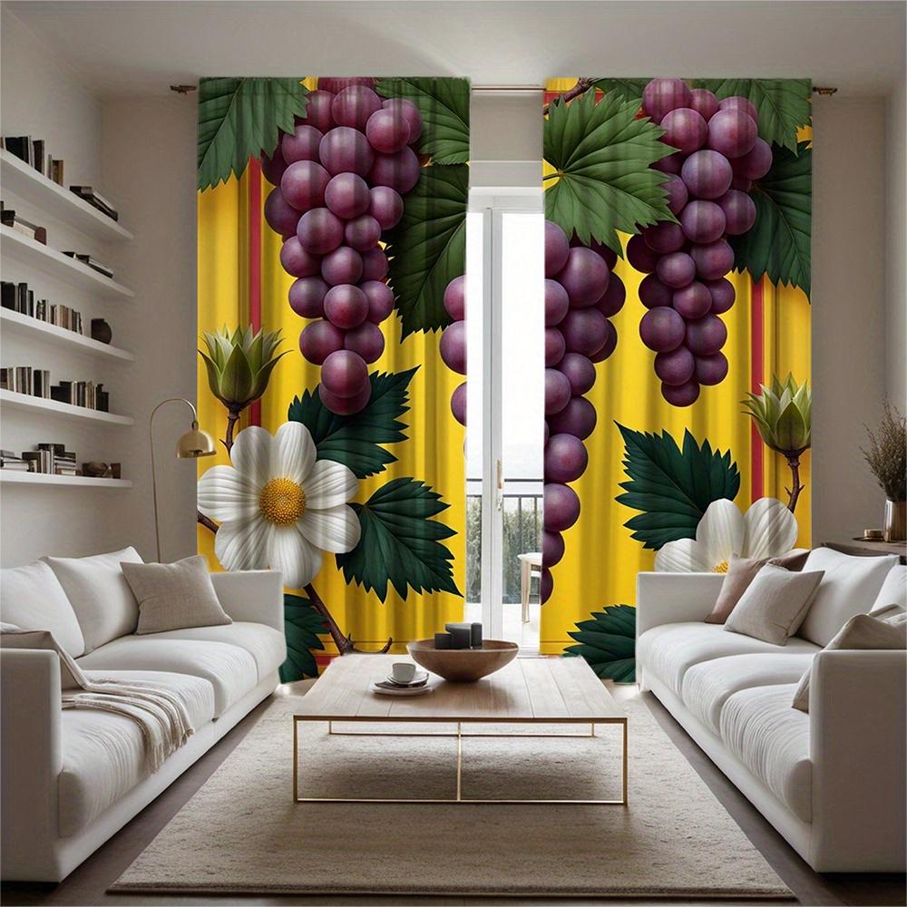 Set Of 2 Hd Digital Printed Curtain Bouquet Series Three Purple Grapes Yellow Background Green Leaves Two White Polyester