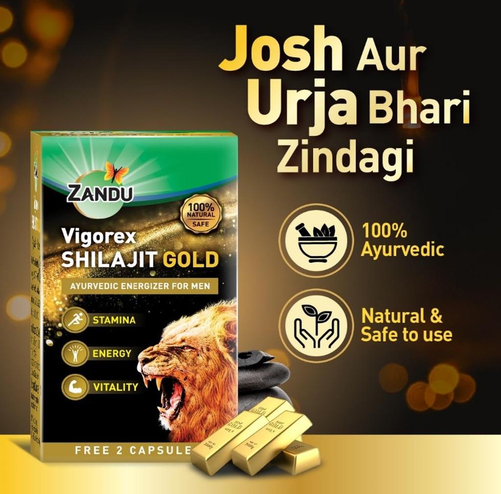 Zandu Vigorex Shilajit Gold Energy Support Capsules For Men With Ayurvedic Herbal Blend For Daily Stamina And Vitality Boost 12 Capsules