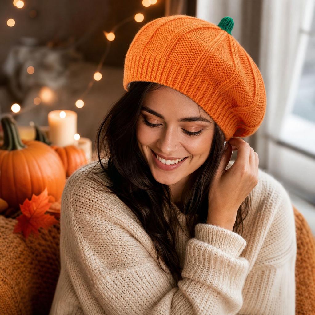 Warm Pumpkin Orange Knitted Beret Hat for Adults Halloween Costume Accessory