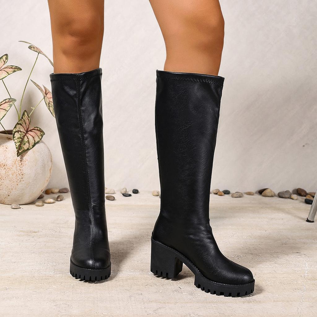 Winter New Round Toe Sexy And Comfortable Thick Heel Boots, Fashionable And Elegant Outdoor Knee High Knight Boots In Large Size