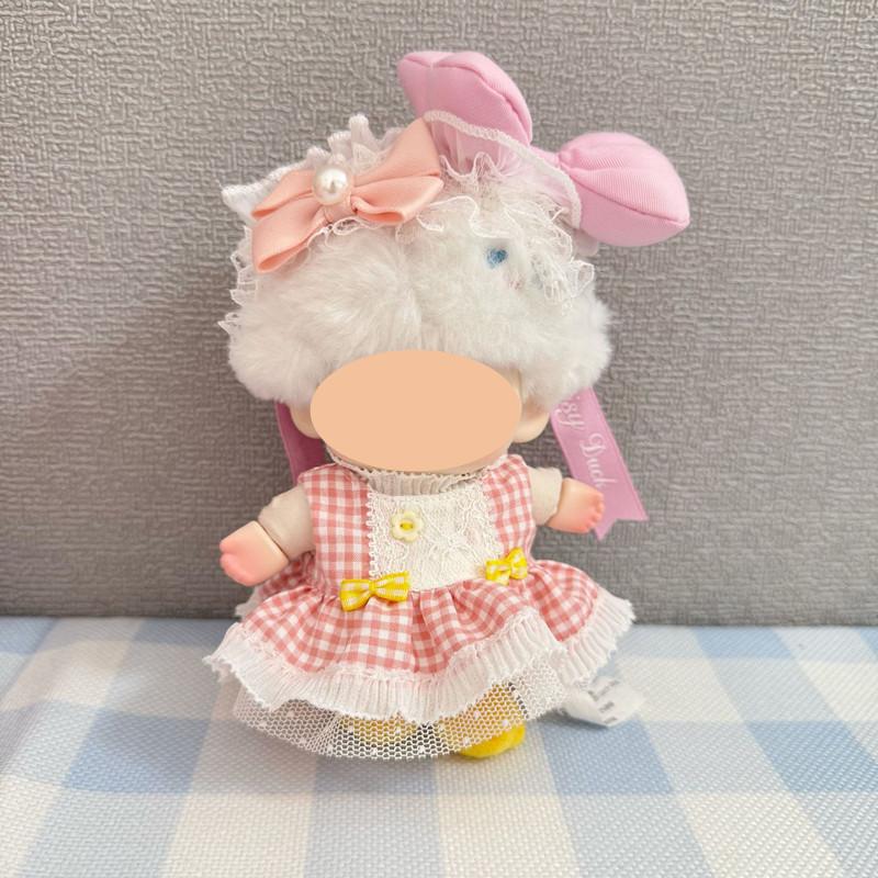 [Cloth Only] the Princess Style Clothes for Plush Keychain  Dolls, Checkered Puffy Skirt Set with Bow Headband.