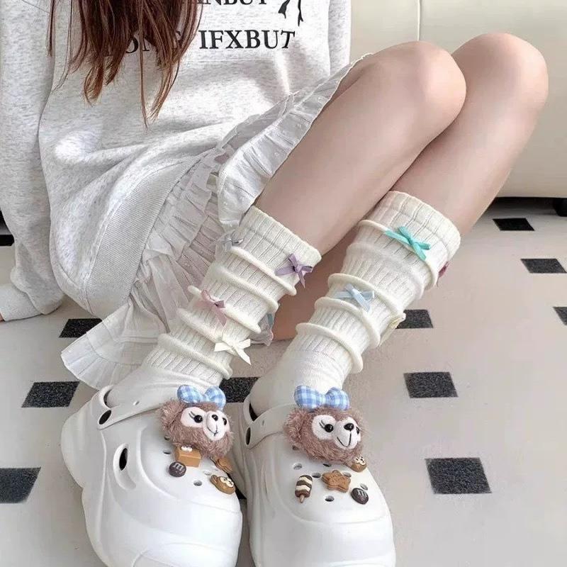 Colorful Bow Dopamine, A Slimming Girl, Long Combed Cotton Pile Socks, Versatile, Ballet Style, Sweet