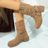 Fashion Khaki Faux Suede Boots for Women Autumn Winter Street Style Buckle Strap Decoration Ankle Boots Woman Rivet Platform Botas Lady