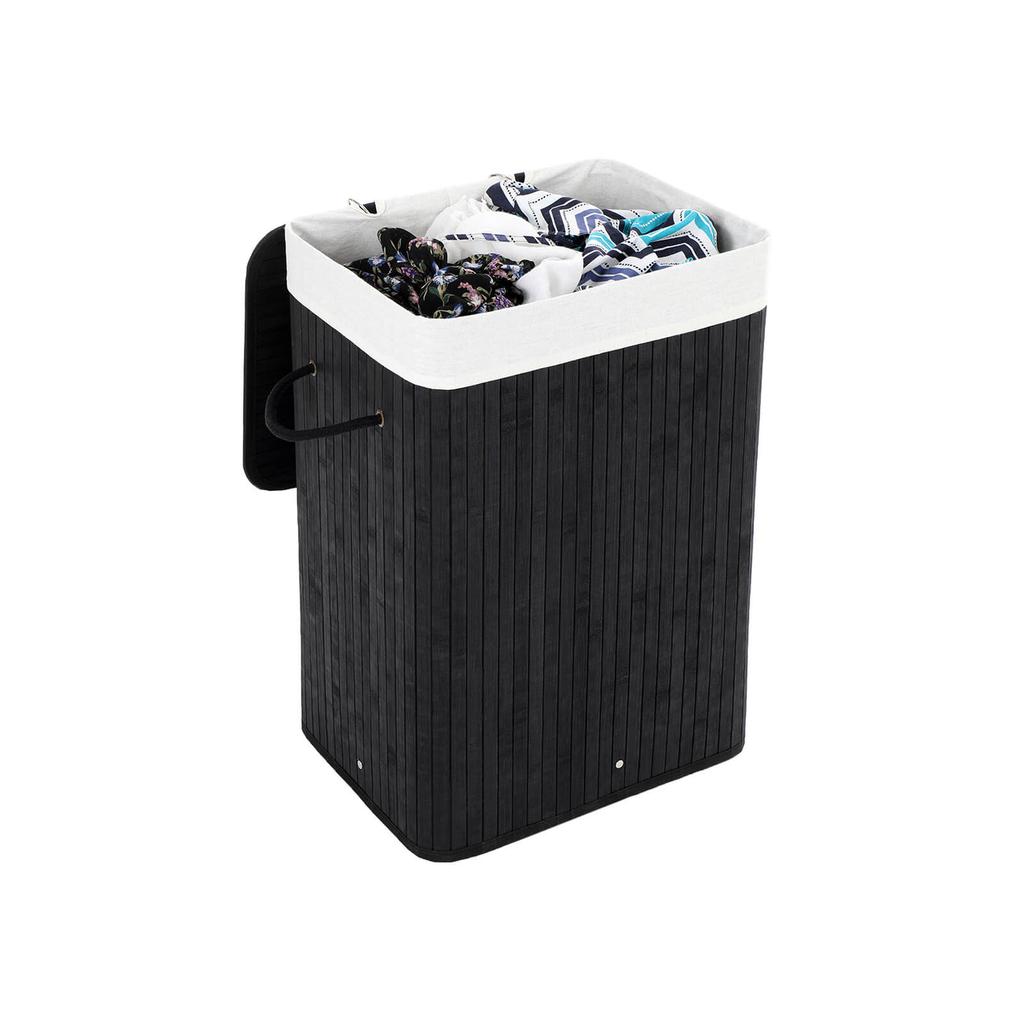 SONGMICS Cesta de Lavandería de Bambú, Cesto de Lavandería Plegable de 72L, Cesto de Almacenamiento Rectangular con 3 Asas, 40 x 30 x 60 cm, Negro