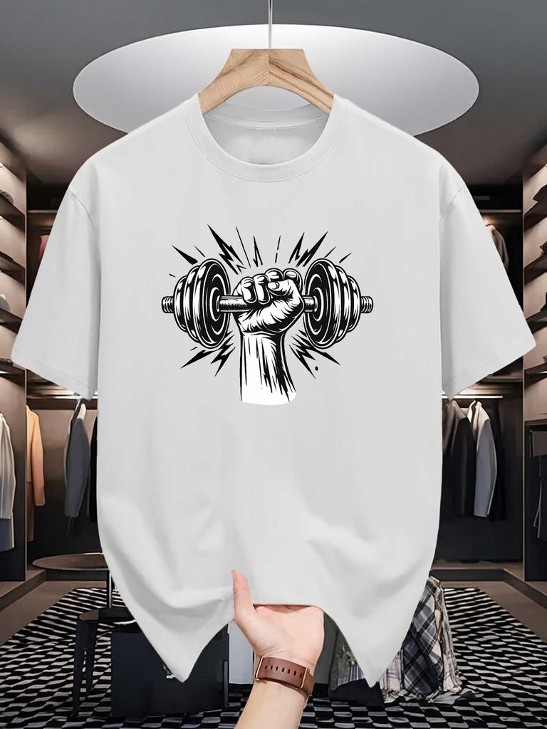 Unisex Crew Neck Tee Fitness Dumbbell Hand Print Soft Cotton Loose Breathable Short Sleeve Summer Gym Casual Daily Street Wear Tops