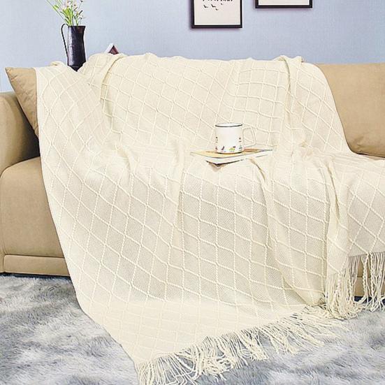 Knitted Blanket with Tassels Lightweight Stretchy Woven Blanket for All Season Machine Washable Throw Blanket for Couch Bed Sofa