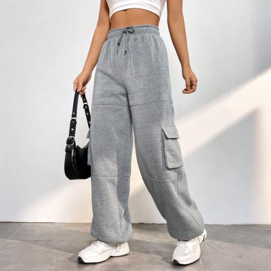 Women Cargo Pants Elastic High Waist Adjustable Drawstring Long Pants with Multi Pockets Wide Leg Design Solid Color Casual Pants