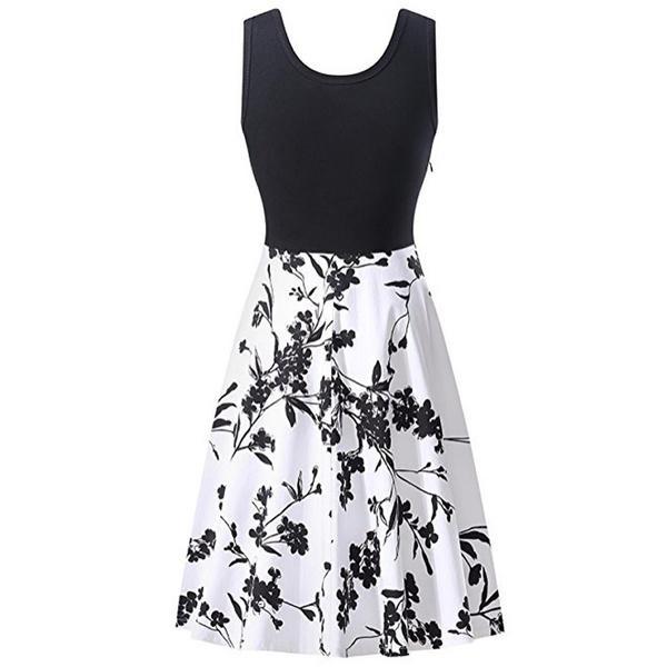 Robe d'été sans manches en coton à imprimé floral rétro pour femme, col rond, style vintage