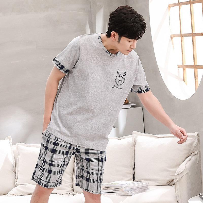 Two Piece Set Pajamas Men Cotton Fabric Jersey Short Sleeve Shorts Casual Loose Sports Loungewear Sleepwear Youth Nightwear