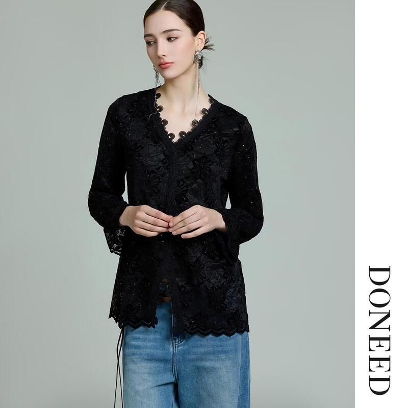 DONEED French Style Lace Trim V-Neck Long Sleeve Blouse