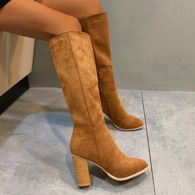 Fashion Retro Knee High Suede Riding Boots Women 2025 Winter Side Zipper Super High Heels Western Cowboy Boots Warm Plush Leather Shoes